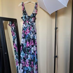 Tank Top Black Long Dress With Multi Colored Floral Pattern